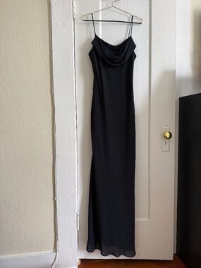 ONYX Nite 90s black gown draped cowl neck with spaghetti straps
